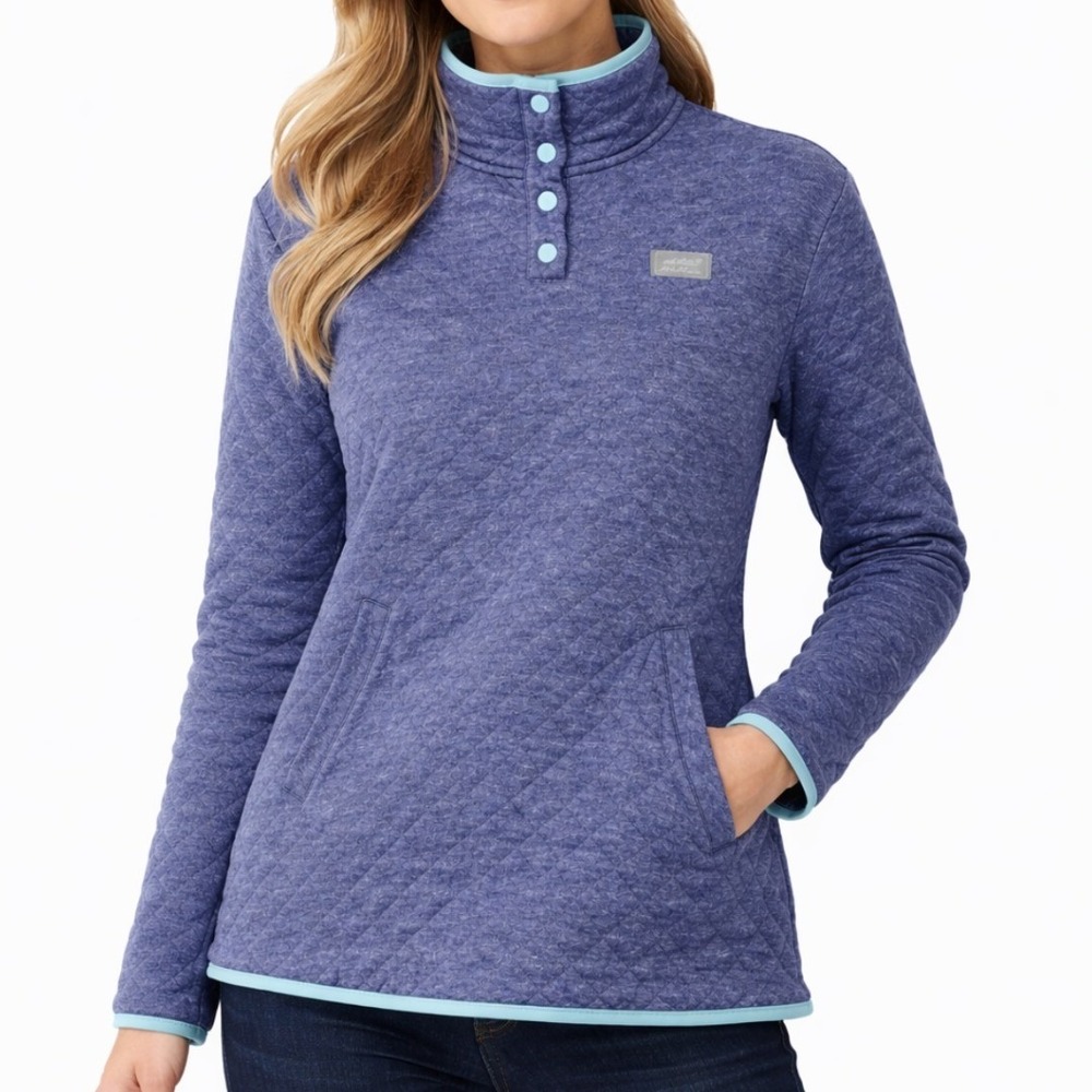 Eddie Bauer Womensโ Blue Quilted Snap Neck Pullover Sweatshirt EBW32LK169 L